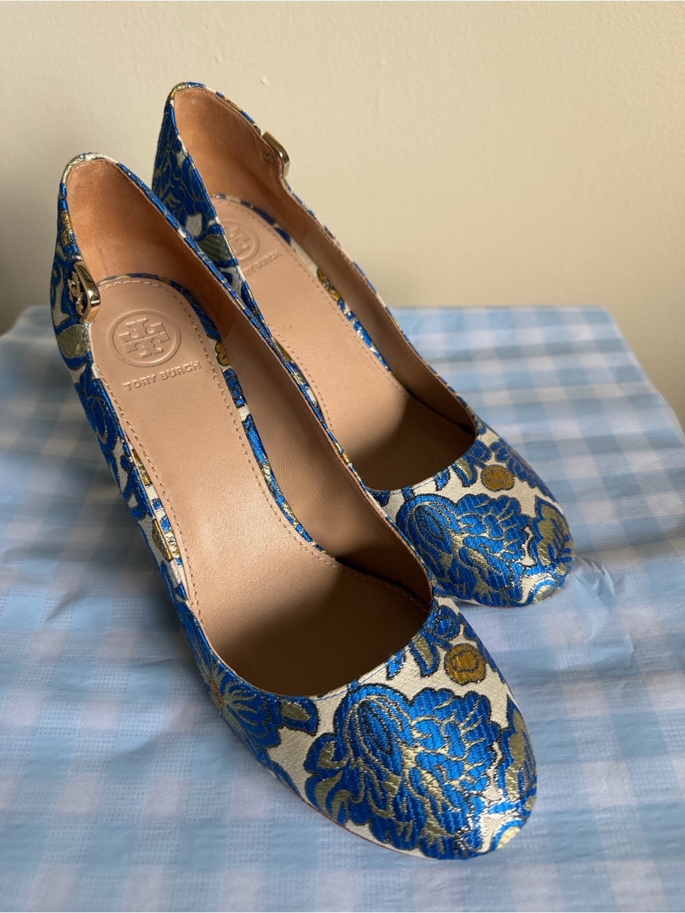 Tory Burch 85 mm Elizabeth Blue and Gold Floral Brocade Almond Toe Heels
